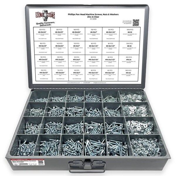 Boltsandnuts.Com Inch Phillips Pan Head Machine Screws, Hex Nuts, Flat & Lock Washers - 7111 PCS Assortment Kit #208 - main
